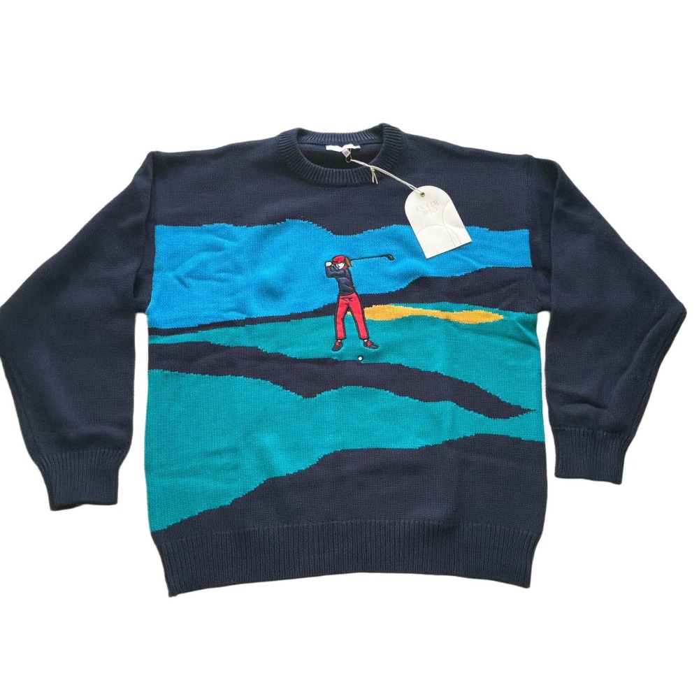Goldie Byrd Womens M/L Navy Blue Golf Scene Cotton Knit Crewneck Sweater NWT
